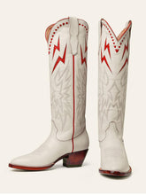 Contrast Lightning Stitch Slip-On Knee High Boots Round-Toe Chunky Heeled Cowgirl Boots